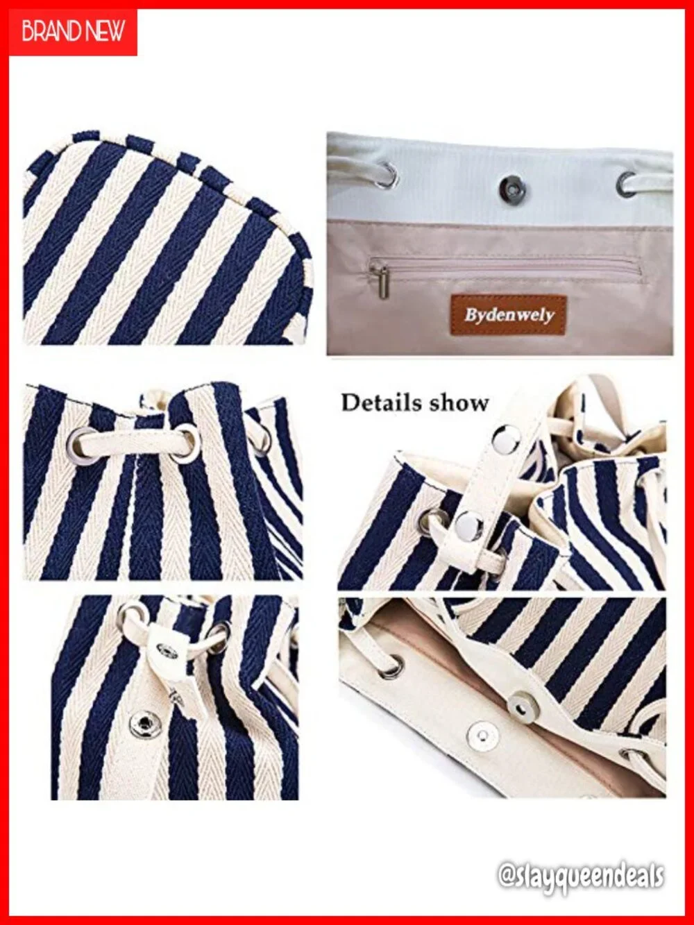 Canvas Striped Hobo Tote Adjustable Strap Work Beach Bag